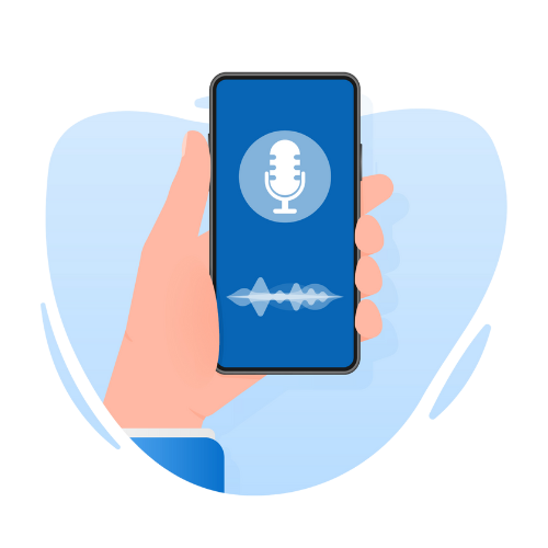 Mão segurando celular com player de áudio de gravação de locutores online